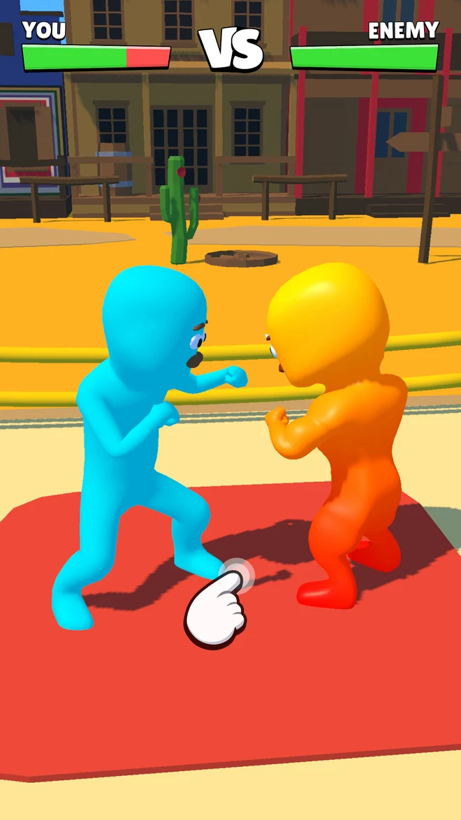 Blue and orange mustached characters facing off in a boxing ring in a western town.