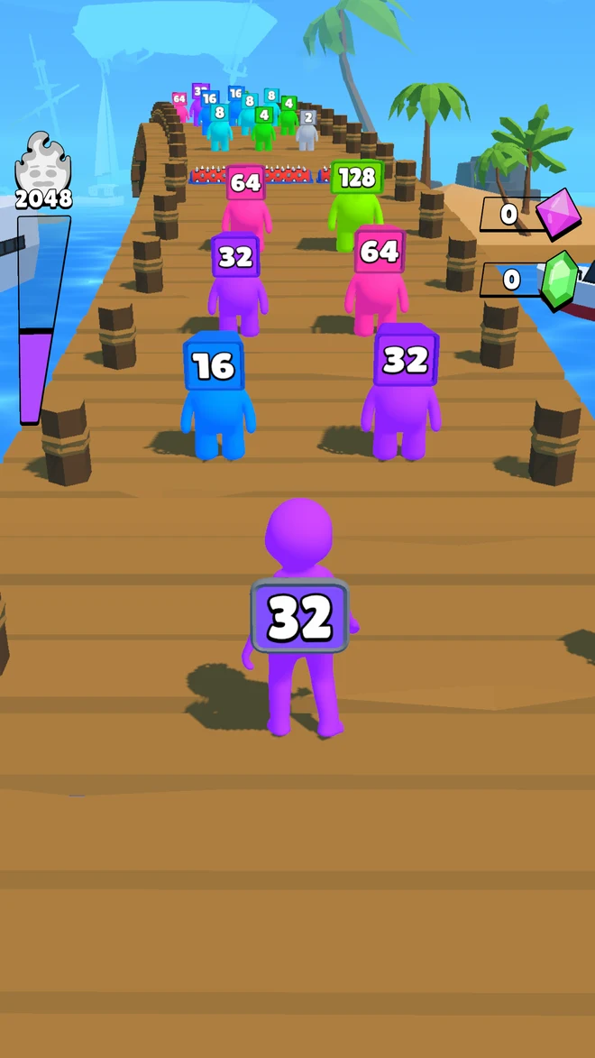A purple 32 runner approaching matching numbered characters on a tropical wooden track.