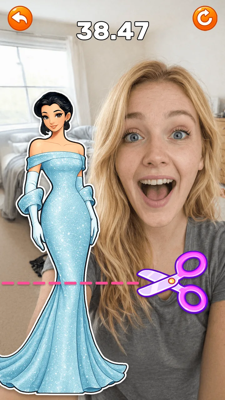 A dress cutting challenge with a timer, scissors and a camera-style background.