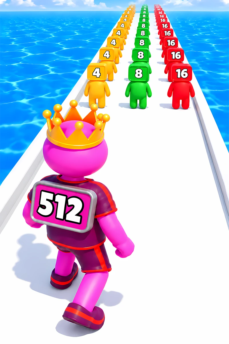A crowned pink 512 runner on a colorful ocean course.