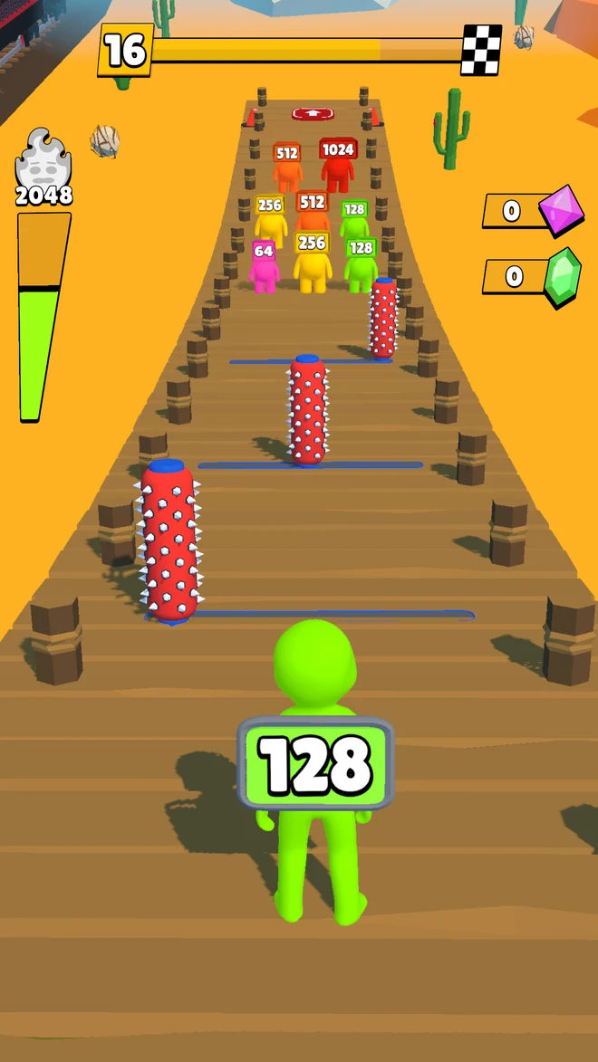 A green 128 runner approaches moving spiked rollers in a desert course.